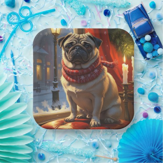 Pug met kerstverlichting vakantie papieren bordje (Feest)