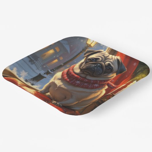 Pug met kerstverlichting vakantie papieren bordje (Gebogen)