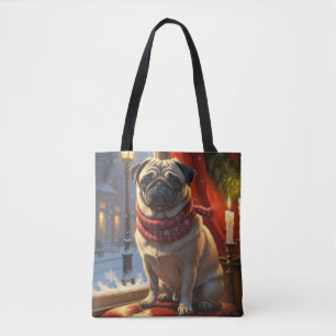 Pug met kerstverlichting vakantie tote bag