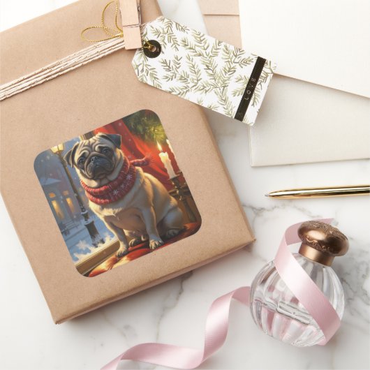 Pug met kerstverlichting vakantie vierkante sticker (Geschenken)