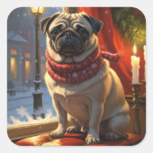 Pug met kerstverlichting vakantie vierkante sticker (Voorkant)