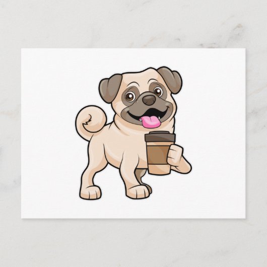 Pug met koffie om mee te gaan briefkaart (Voorkant)