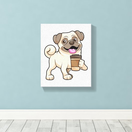 Pug met koffie om mee te gaan canvas afdruk (Insitu (Houten vloer))