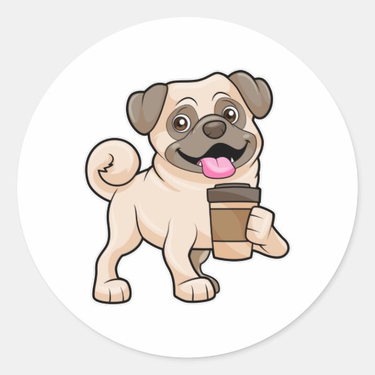 Pug met koffie om mee te gaan ronde sticker (Voorkant)