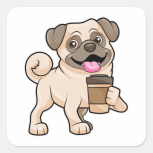 Pug met koffie om mee te gaan vierkante sticker
