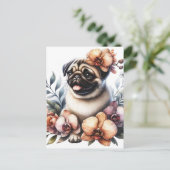 Pug met Orchid Branch, Postcrossing Briefkaart (Staand voorkant)