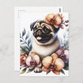 Pug met Orchid Branch, Postcrossing Briefkaart (Voorkant / Achterkant)