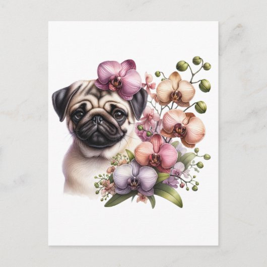 Pug met Orchid Branch, Postcrossing Briefkaart (Voorkant)