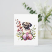 Pug met Orchid Branch, Postcrossing Briefkaart (Staand voorkant)
