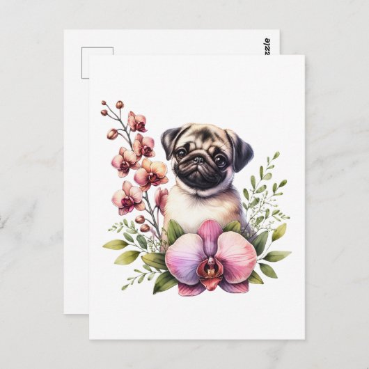 Pug met Orchid Branch, Postcrossing Briefkaart (Voorkant / Achterkant)