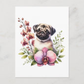 Pug met Orchid Branch, Postcrossing Briefkaart (Voorkant)