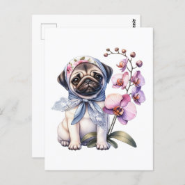 Pug met Orchid Branch, Postcrossing Briefkaart