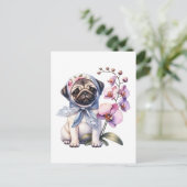Pug met Orchid Branch, Postcrossing Briefkaart (Staand voorkant)