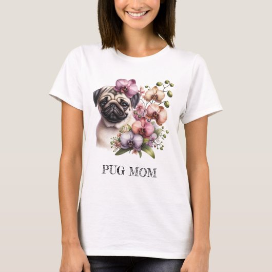 Pug met Orchidee Tak, waterverf, T-shirt (Voorkant)