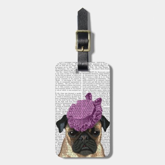 Pug met  Paars Pet Bagagelabel (Voorkant verticaal)