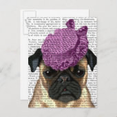 Pug met  Paars Pet Briefkaart (Voorkant / Achterkant)