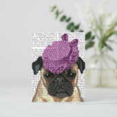 Pug met  Paars Pet Briefkaart (Staand voorkant)