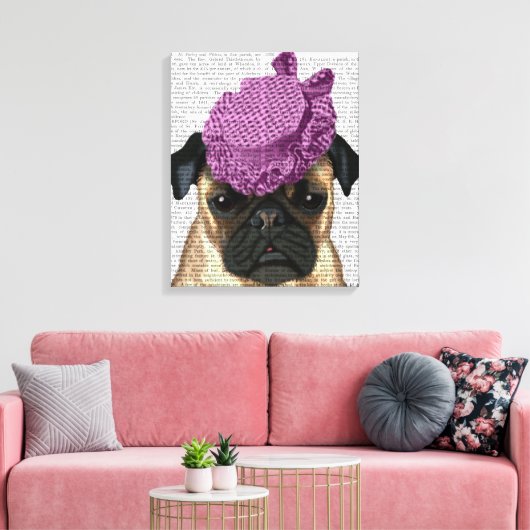 Pug met Paars Pet Canvas Afdruk (Insitu (Woonkamer))