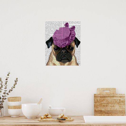Pug met  Paars Pet Poster (Keuken)