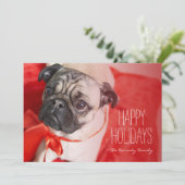 Pug met rood lint feestdagenkaart (Staand voorkant)