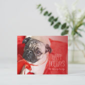 Pug met rood lint feestdagenkaart (Staand voorkant)