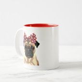 Pug met roodkleurige boeg op hoofd 2 tweekleurige koffiemok (Voorkant links)