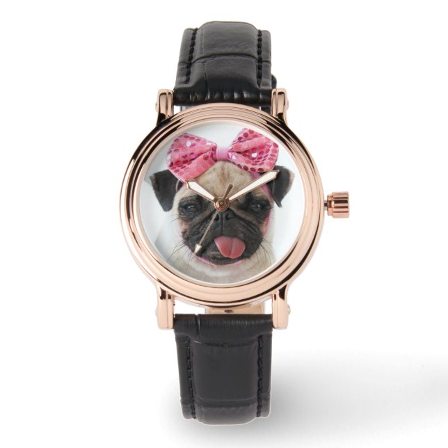 Pug met roze romp horloge (Voorkant)
