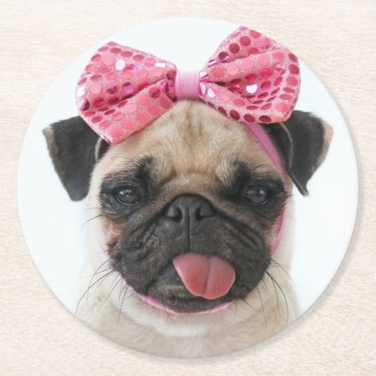 Pug met roze romp ronde kartonnen onderzetter (Voorkant)