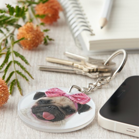 Pug met roze romp sleutelhanger (Voorkant Rechts)