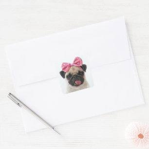 Pug met roze romp vierkante sticker