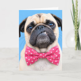 Pug met roze strik feestdagen kaart
