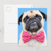 Pug met roze strik feestdagenkaart (Voorkant / Achterkant)