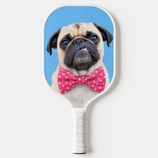 Pug met roze strik pickleball paddle (Voorkant)