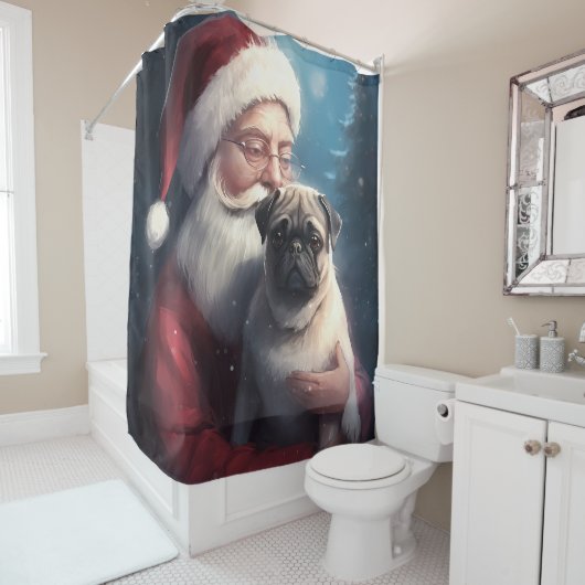 Pug met Sinterklaas Feestelijke Kerstmis Douchegordijn (In situ)
