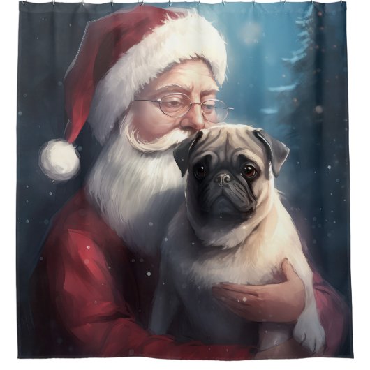 Pug met Sinterklaas Feestelijke Kerstmis Douchegordijn (Voorkant)