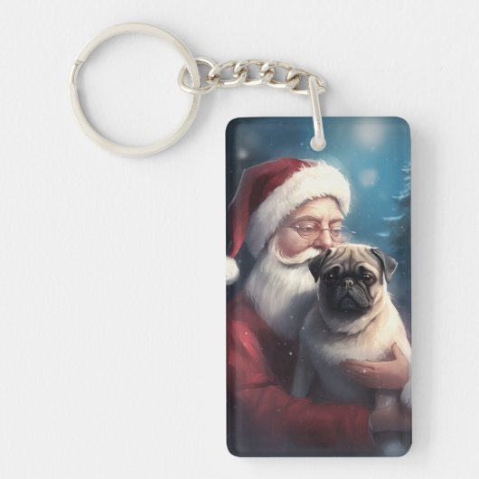 Pug met Sinterklaas Feestelijke Kerstmis Sleutelhanger (Voorkant)