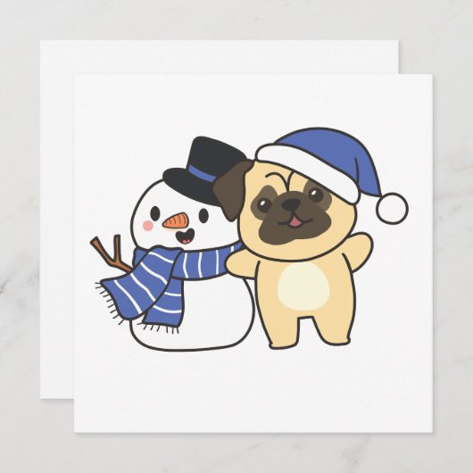 Pug met Snowman in de winter voor Kerstmis Feestdagenkaart (Voorkant / Achterkant)