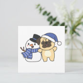 Pug met Snowman in de winter voor Kerstmis Feestdagenkaart (Staand voorkant)