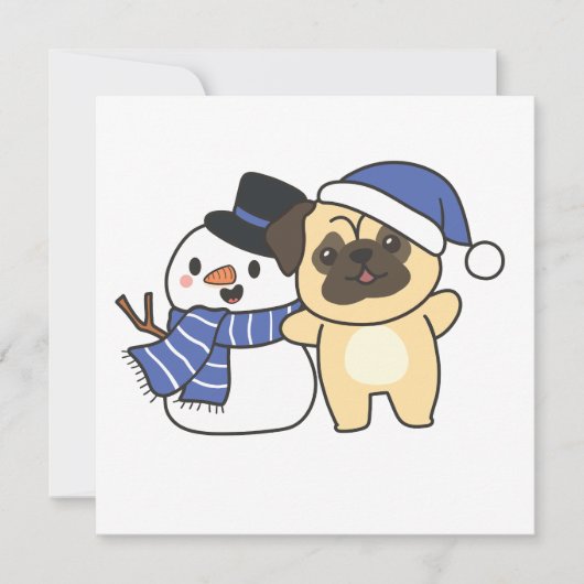Pug met Snowman in de winter voor Kerstmis Feestdagenkaart (Voorkant)
