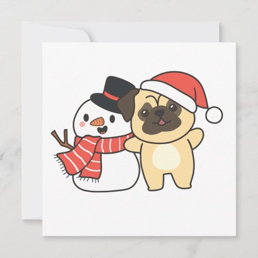 Pug met Snowman in de winter voor kerstvakantie C Feestdagenkaart (Voorkant)