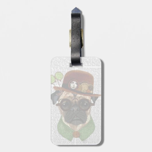 Pug met Steampunk Bowler Pet Bagagelabel (Achterkant verticaal)