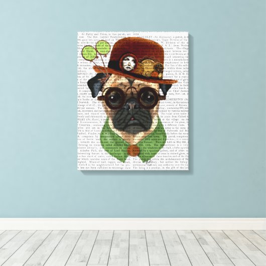Pug met Steampunk Bowler Pet Canvas Afdruk (Insitu (Houten vloer))
