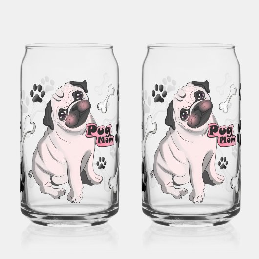 Pug Moeder – Hond Liefhebber met Harten & Botten Blikvorm Glas (Links)