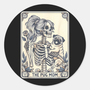 Pug Moeder Tarotkaart Skelet Pug Moeder Halloween Ronde Sticker
