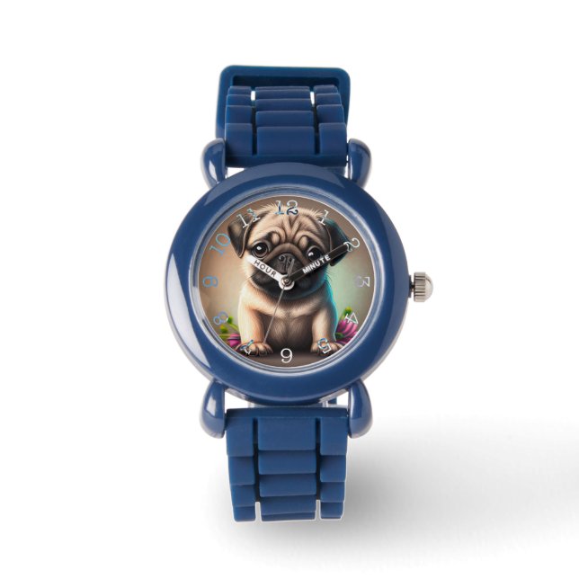 Pug - Omlijsting met zwarte cijfers bekijken Horloge (Voorkant)