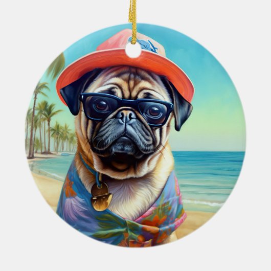 Pug on Beach, zomercadeau voor hondenliefhebber Keramisch Ornament (Achterkant)