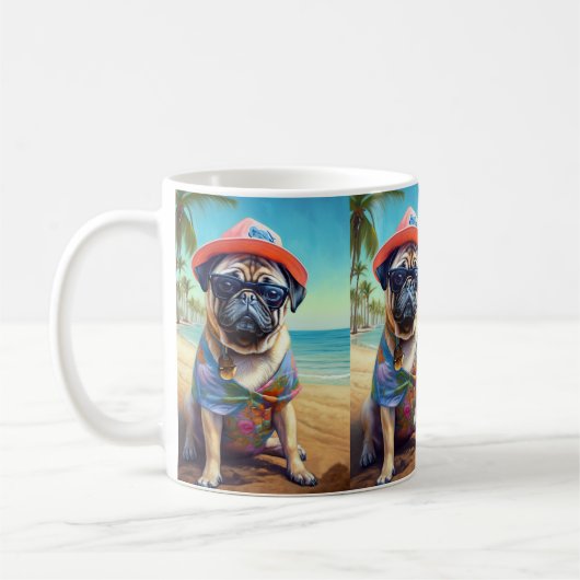 Pug on Beach, zomercadeau voor hondenliefhebber Koffiemok (Links)