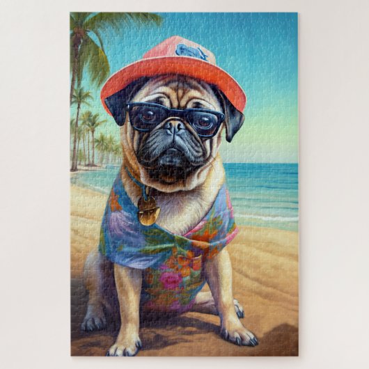 Pug on Beach, zomercadeau voor hondenliefhebber Legpuzzel (Verticaal)