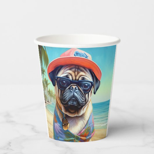 Pug on Beach, zomercadeau voor hondenliefhebber Papieren Bekers (Achterkant)