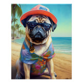Pug on Beach, zomercadeau voor hondenliefhebber Perfect Poster (Voorkant)